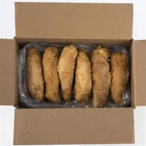 Four pieces of golden-brown fried fish in a tray.
