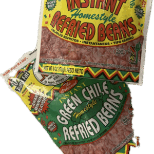 Two vintage-style bags of refried beans with colorful labels.