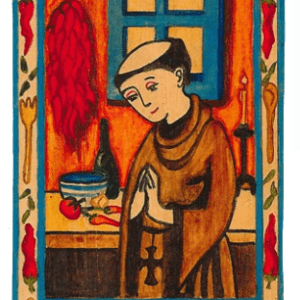 The SAN PASQUAL WOODEN RETABLO FOR COOKS WITH ONE RISTRA features artwork of San Pascual, the patron saint of cooks, with hands clasped in prayer and a kitchen in the background adorned with a candle, red peppers, and a window.
