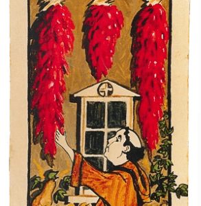 A depiction of San Pascual wearing a robe, standing in front of a house window, and reaching up to touch three hanging red chilies. The name "San Pascual" is written at the bottom. This scene is presented on the SAN PASQUAL WOODEN RETABLO FOR COOKS WITH THREE RISTRAS.