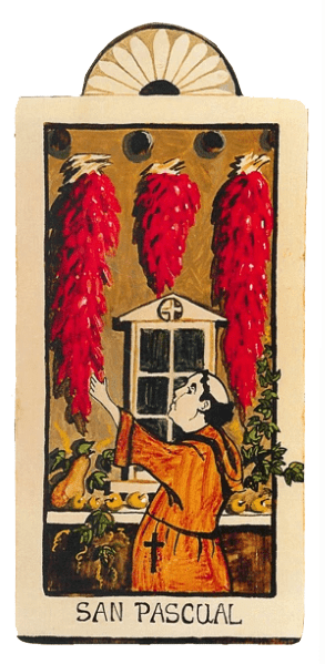 A depiction of San Pascual wearing a robe, standing in front of a house window, and reaching up to touch three hanging red chilies. The name "San Pascual" is written at the bottom. This scene is presented on the SAN PASQUAL WOODEN RETABLO FOR COOKS WITH THREE RISTRAS.