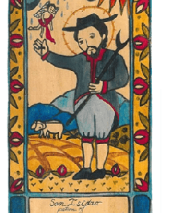 A vibrant illustration on the SAN ISIDRO WOODEN RETABLO FOR FARMERS AND GARDENERS portrays a man holding a scepter with a child in his arms, set against a pastoral background, with text in Spanish below the image.