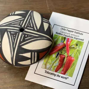 A ceramic ball with a plant on it and a seed packet.