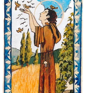 A painting of a man holding up his hands to the sky.