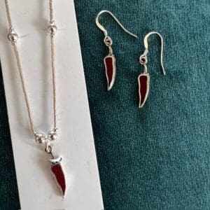 Red Hot Chile Pepper Jewelry: Inlay and Sterling Silver Necklace and Earrings Set
