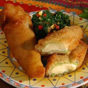 stuffed chile rellenos on a colorful plate
