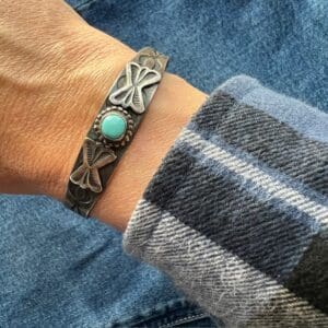 Handstamped Vintage Style Sterling Silver and Turquoise Centerpiece Cuff Bracelet