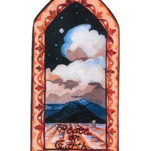 A decorative arched window showing a mountain under a moonlit sky with clouds.